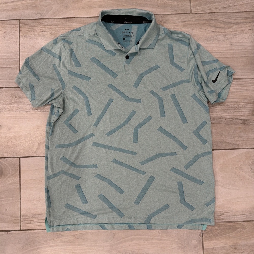 Nike Golf Dri-FIT Polo Shirt Mens L Aqua Green Geometric Abstract Print Swoosh